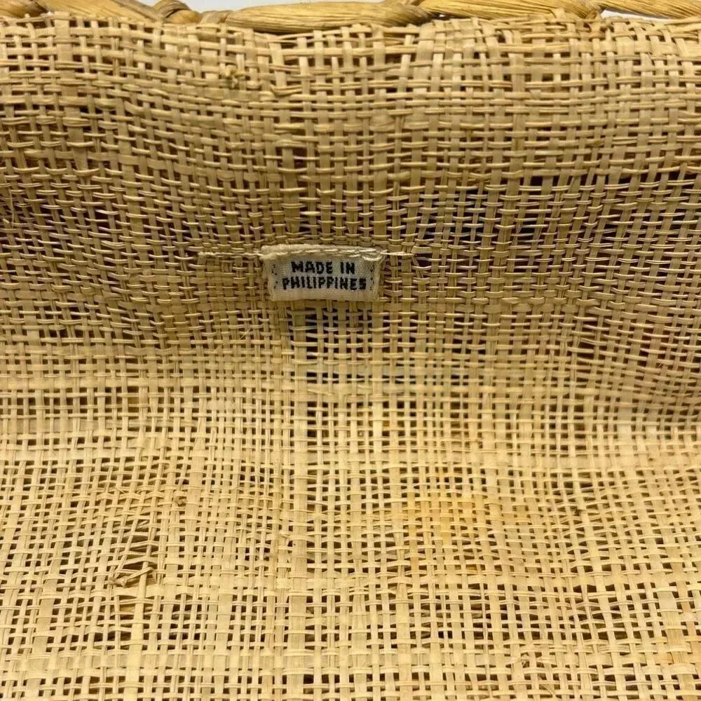 Vtg Woven Straw Lined Basket with 3D Fruit on Sides Phillipines Handmade Boho
